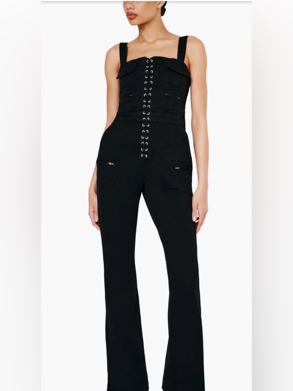 Good American Lace Up Corset Utility Jumpsuit Black Sz M NWT Flare Sold Out - Picture 11 of 12